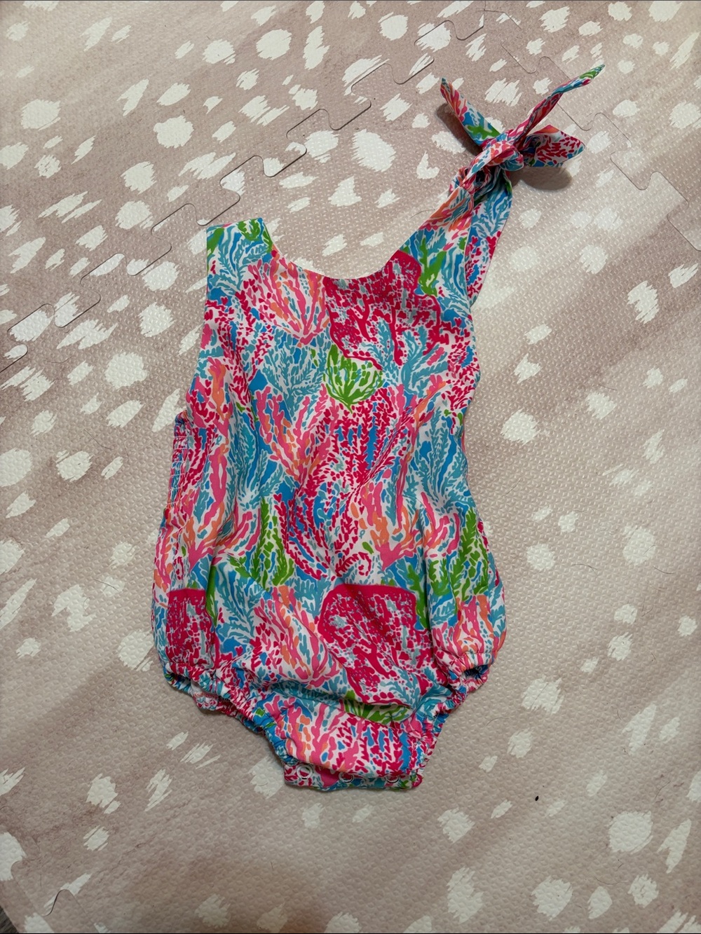 One-Shoulder Coral Print Kids Swimsuit in Pink & Blue